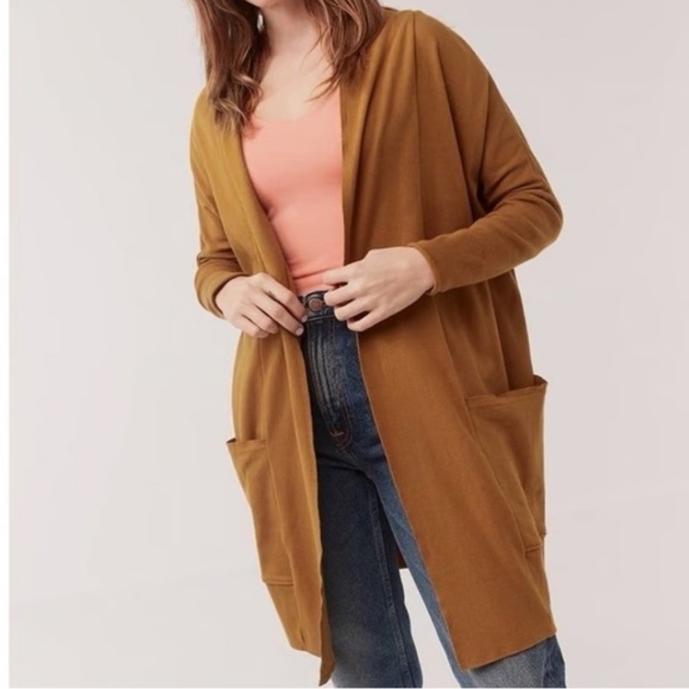 Pact Tan Light Brown Airplane Open Front Cardigan Sweater Women's Size XL